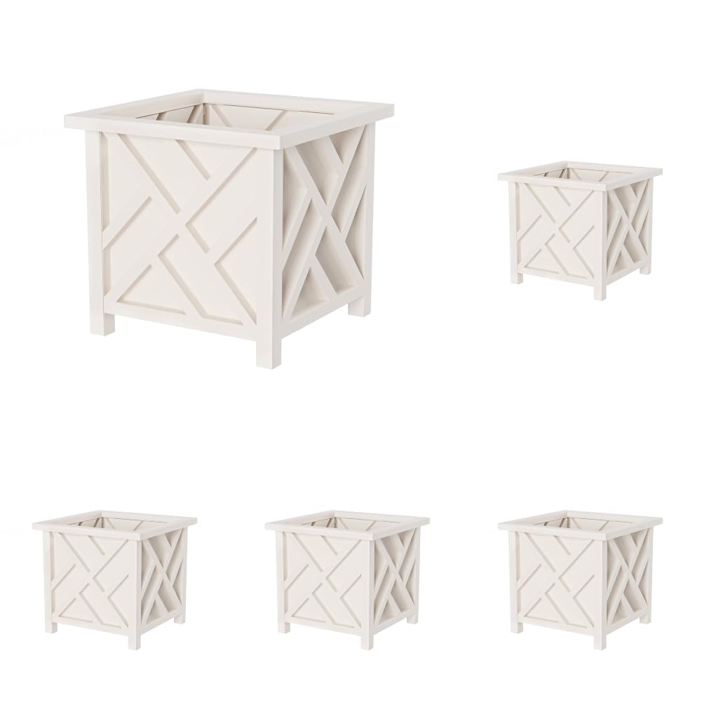 Lattice Design Outdoor Planter Box - 14.75” Square 13” Tall White Plant Pot - Decorative Plant Pots for Front Porch Decor - Flower Pots Outdoor Planters for Porch Patio or Garden Decor by Pure Garden