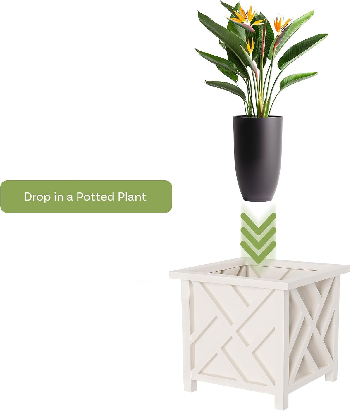 Lattice Design Outdoor Planter Box - 14.75” Square 13” Tall White Plant Pot - Decorative Plant Pots for Front Porch Decor - Flower Pots Outdoor Planters for Porch Patio or Garden Decor by Pure Garden