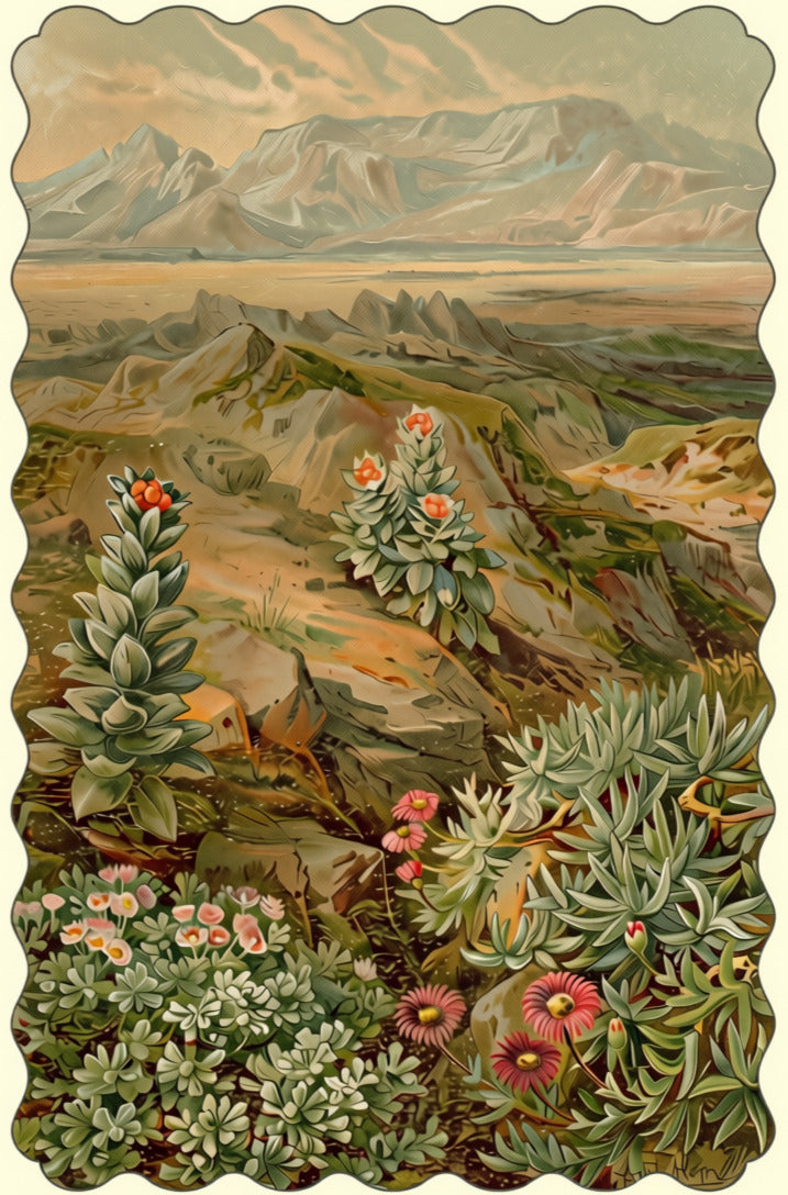 Printable - South African Cape Flora with Succulents and Mountains – Chromolithograph