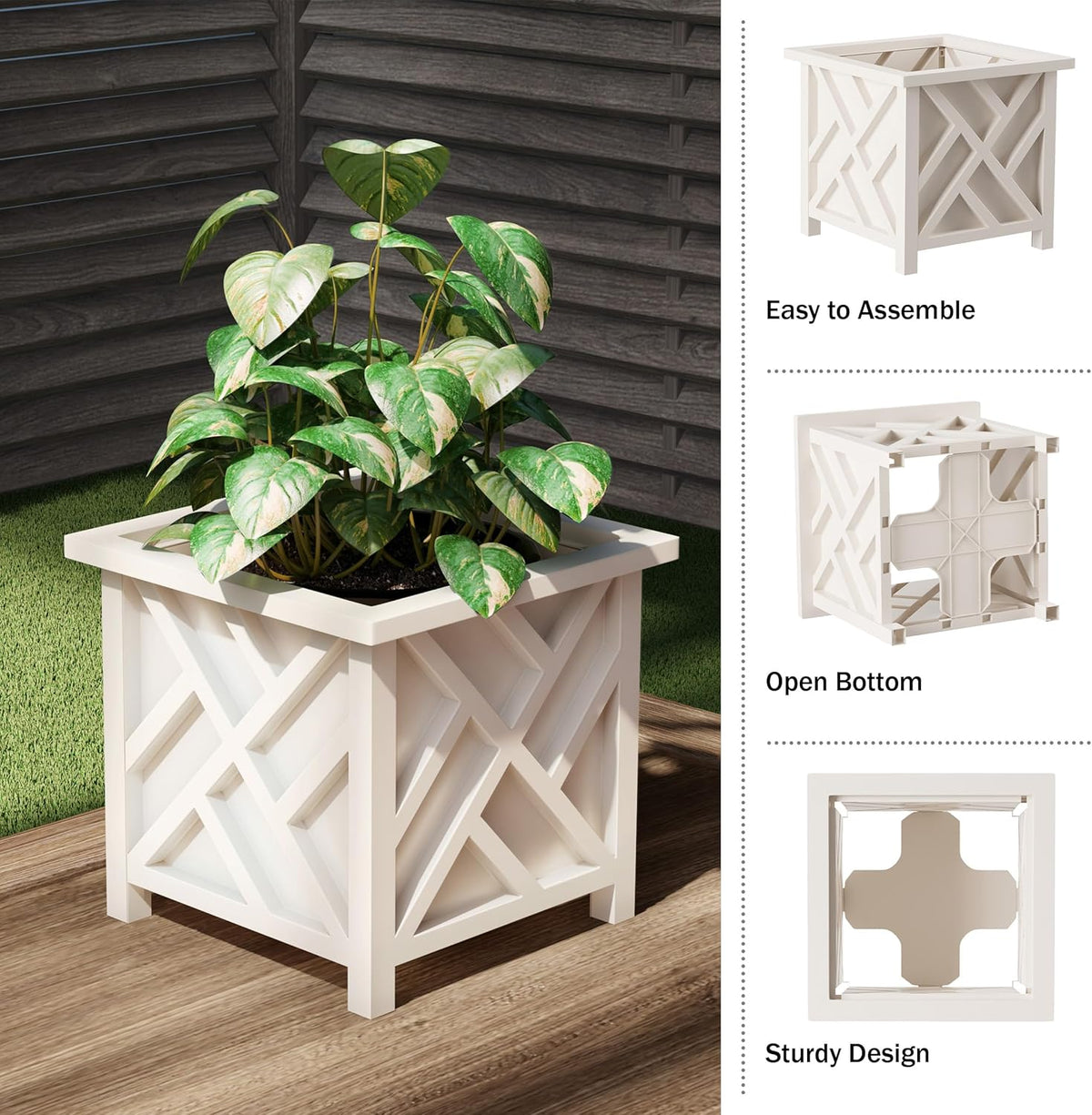 Lattice Design Outdoor Planter Box - 14.75” Square 13” Tall White Plant Pot - Decorative Plant Pots for Front Porch Decor - Flower Pots Outdoor Planters for Porch Patio or Garden Decor by Pure Garden