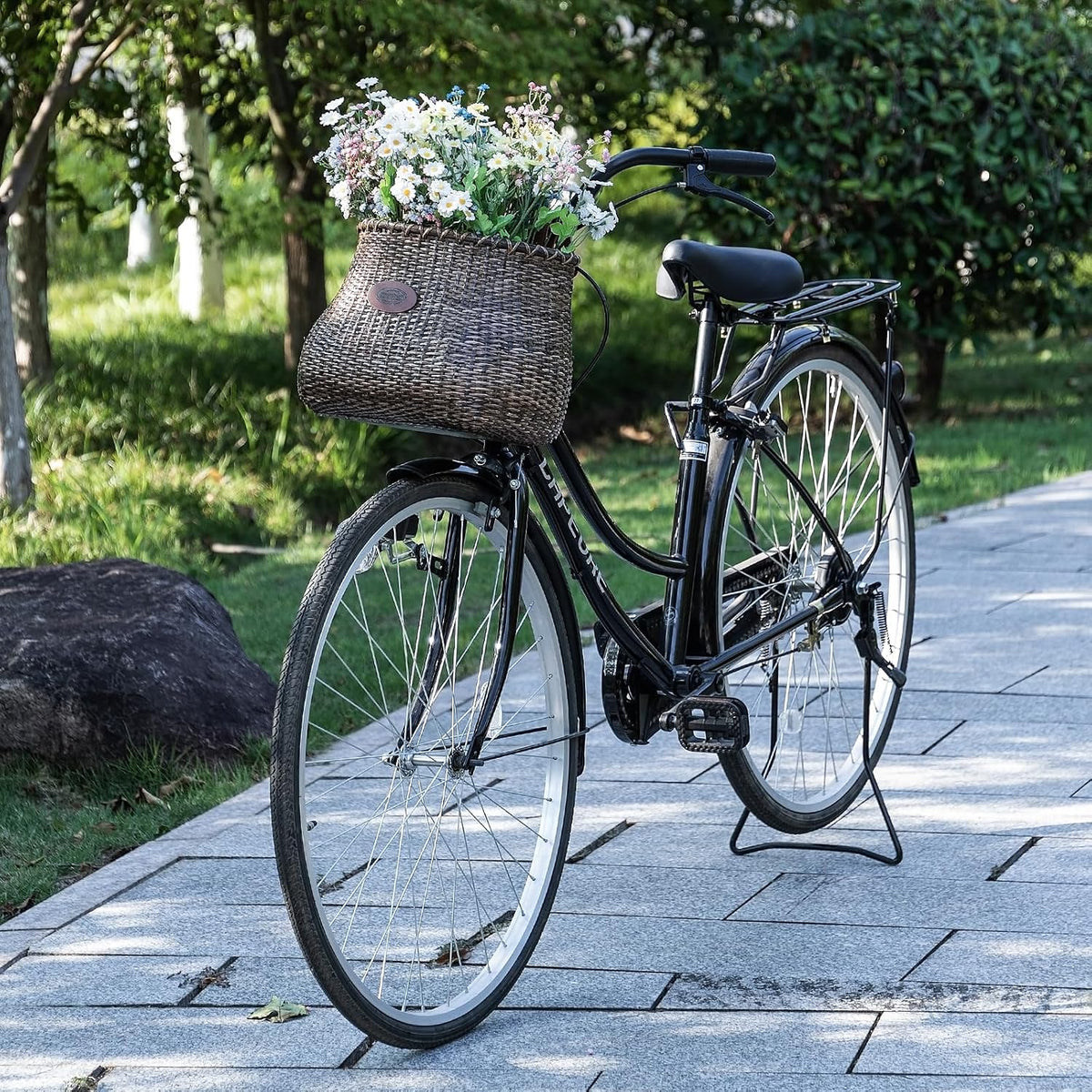 CXWXC Bike Basket - Handmade Rattan Bike Baskets for Girls Women - Front Bicycle Bike Basket with Coffee Cup Holder for Beach Cruiser, Scooter, Ebike