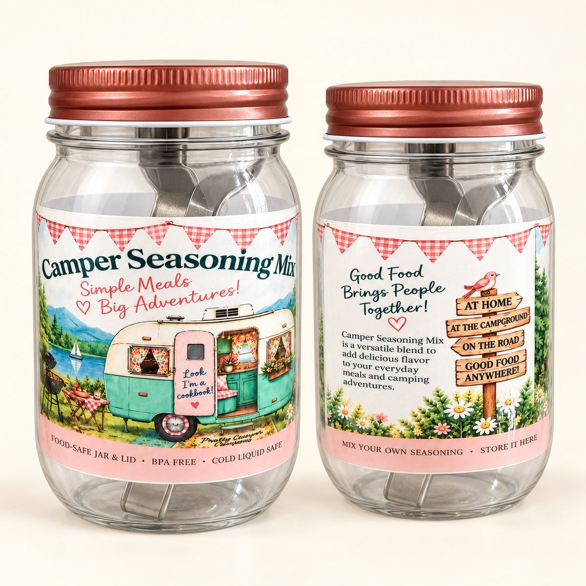 Front and back views of one Camper Seasoning Cookbook Jar; each set includes one jar and four measuring spoons