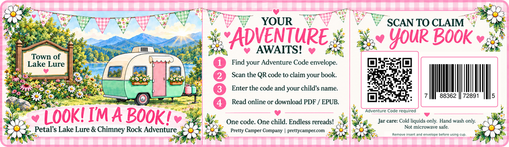 Petal’s Lake Lure and Chimney Rock Adventure Jar insert with pink gingham, bunting, and personalized e-book redemption instructions.