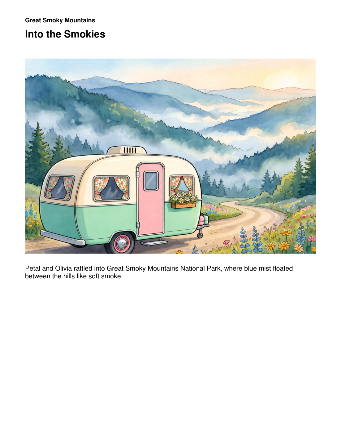 Sample story page: Petal and Olivia explore the Smokies