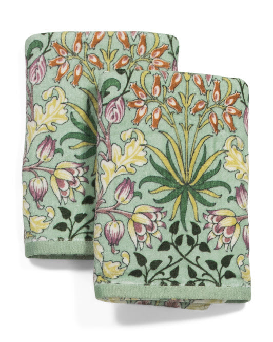 William Morris Hyacinth hand towels, set of two, with colorful flowers on a soft green background