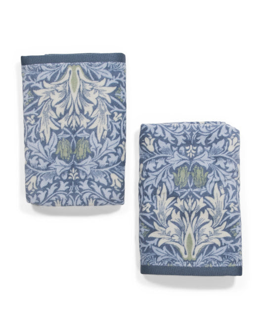 William Morris Snakeshead Blue hand towels, set of two, with pale botanical motifs and dark blue trim