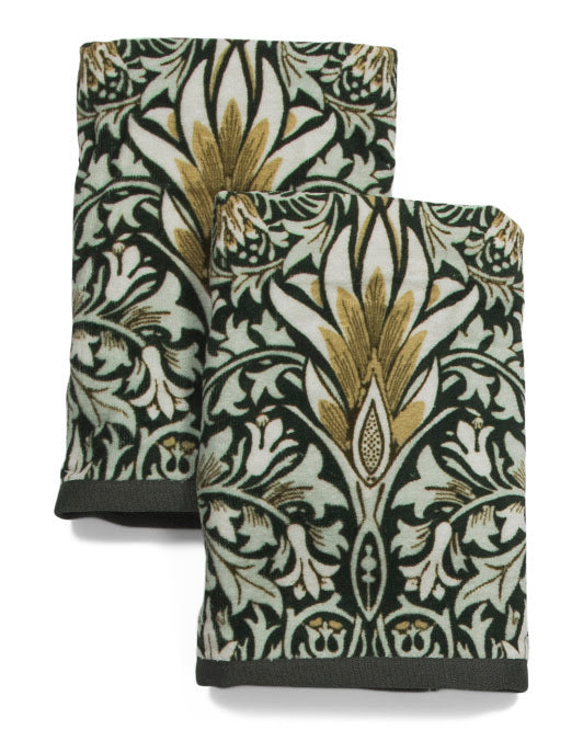William Morris Snakeshead Forest hand towels, set of two, with deep green, cream, and gold botanical motifs